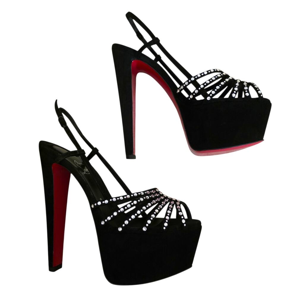 Christian Louboutin Vegastrassima Alta Black Suede Crystal Platform Heels 38 8